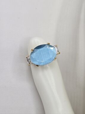 Swarovski Crystal Elements Gold Statement Ring Oval Blue Cat's Eye Size 6 Prom